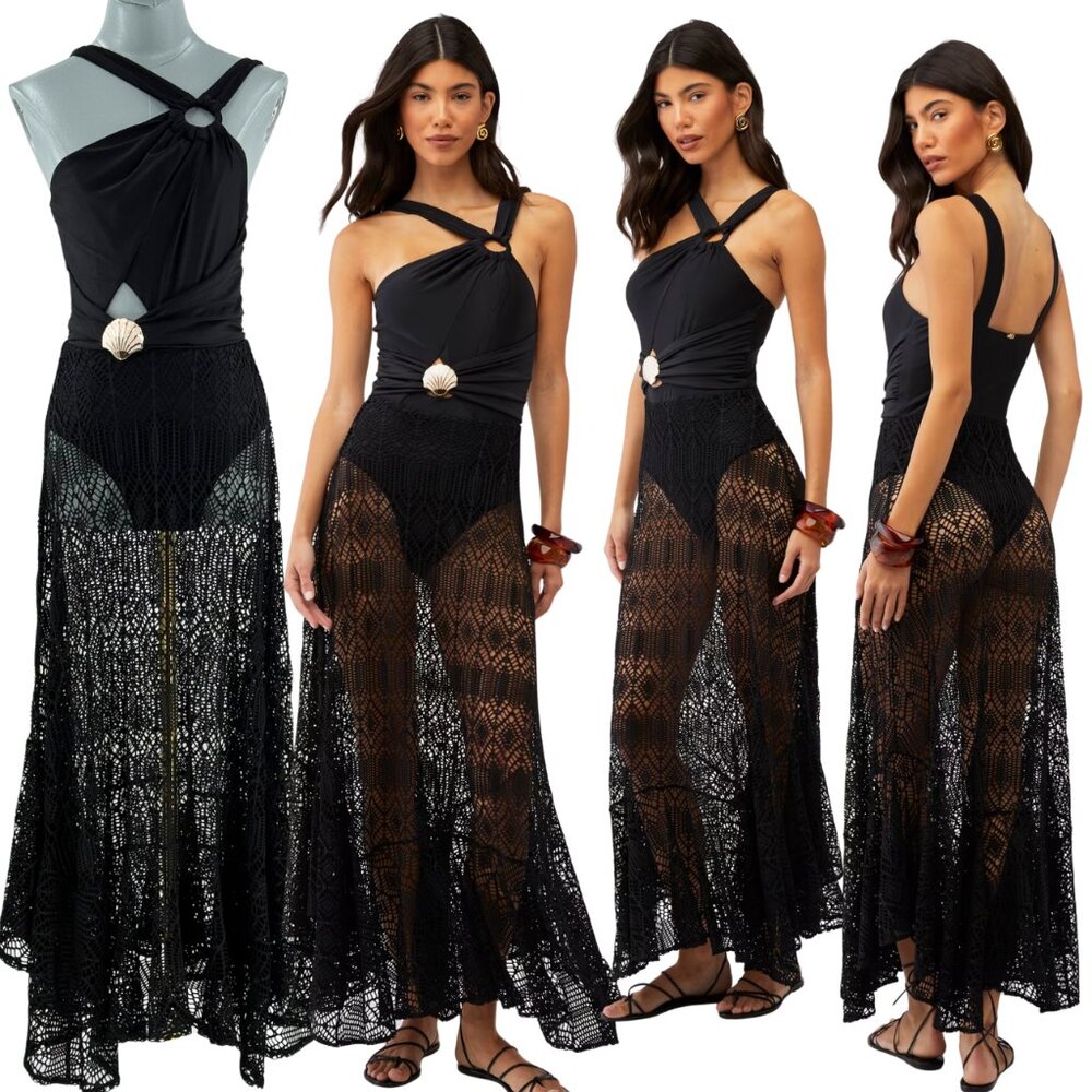🆕 PATBO 🧿 NWOT Asymmetric Netted Beach Maxi Dress, Black - Sz M